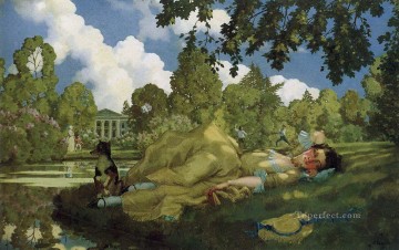Konstantin Somov Painting - sleeping young woman in park Konstantin Somov